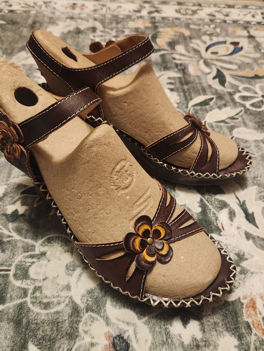 Spring Step L'Artiste Lilith Leather Wedge Sandals, Brown Flower US 6, EU36
